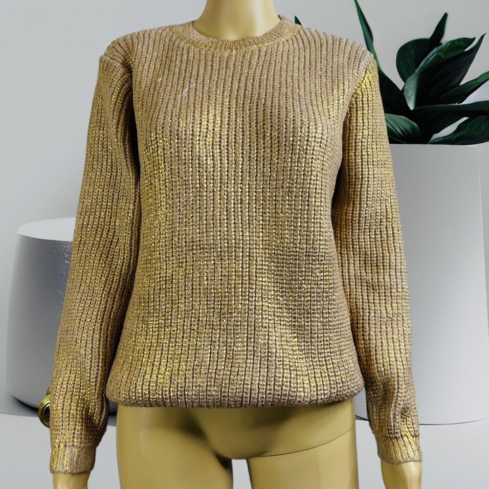 Womens Pullover Sweater Gold Foil Metallic Knit Size XXL Round Neck Mid Length